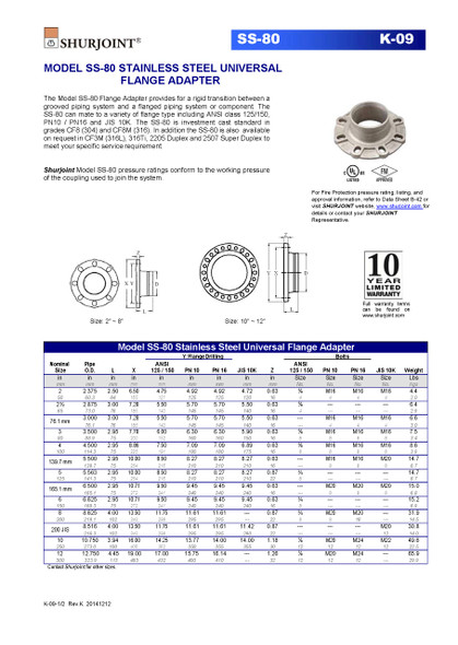 Shurjoint #SS-80 Stainless Steel Universal Flange Adapter Data Sheet