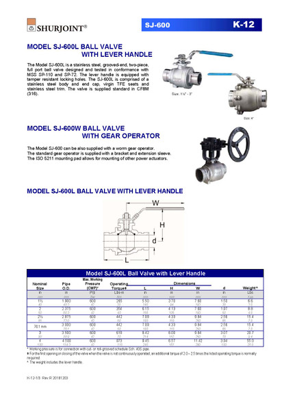 Shurjoint #SJ-600L Stainless Steel Ball Valve Data Sheet