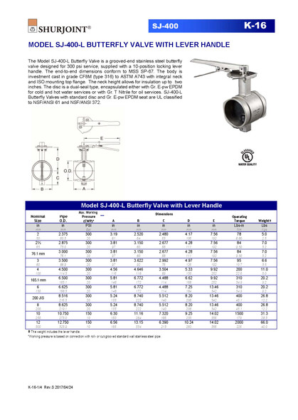 Shurjoint #SJ-400-L Stainless Steel Butterfly Valve Data Sheet