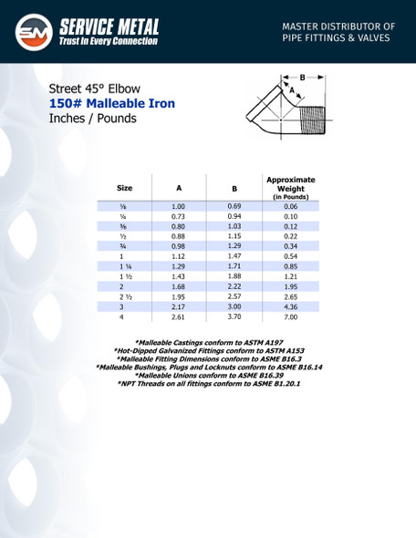 150# Galvanized Malleable 45 Street Elbow Spec Sheet