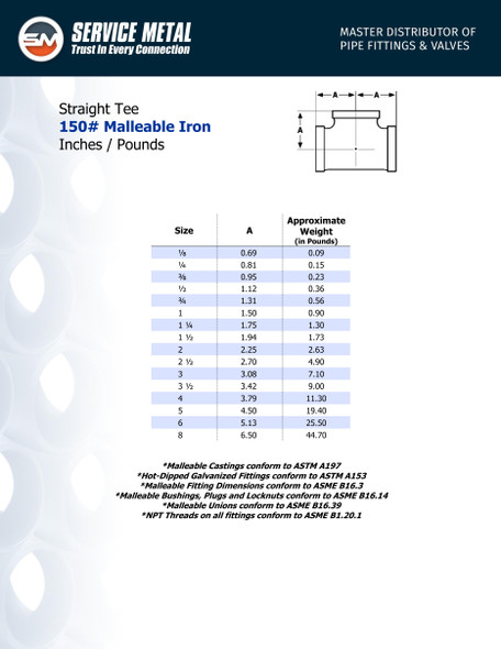 Standard Galvanized Malleable Iron Tee Spec Sheet