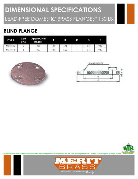 150# Lead-Free Domestic Brass Blind Flange Dimensions