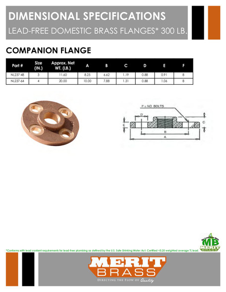 300# Lead-Free Domestic Brass Threaded Companion Flange Dimensions