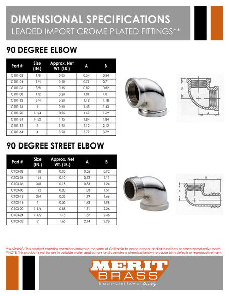 Leaded Import Chrome Plated 90° Street Elbow Dimensions