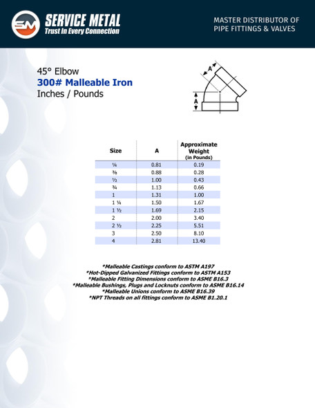 300# Black Malleable 45 Elbow Spec Sheet