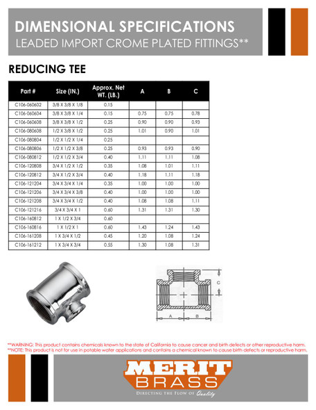 Leaded Import Chrome Plated Reducing Tee Dimensions