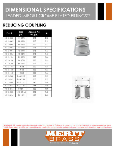 Leaded Import Chrome Plated Reducing Coupling Dimensions