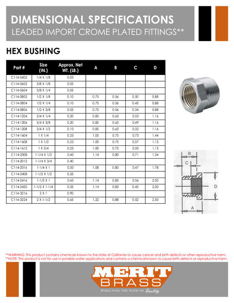 Leaded Import Chrome Plated Hex Bushing Dimensions