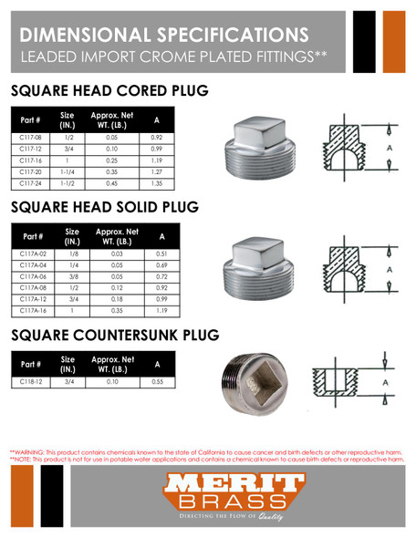Leaded Import Chrome Plated Square Head Cored Plug Dimensions
