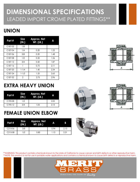 Leaded Import Chrome Plated Union Dimensions