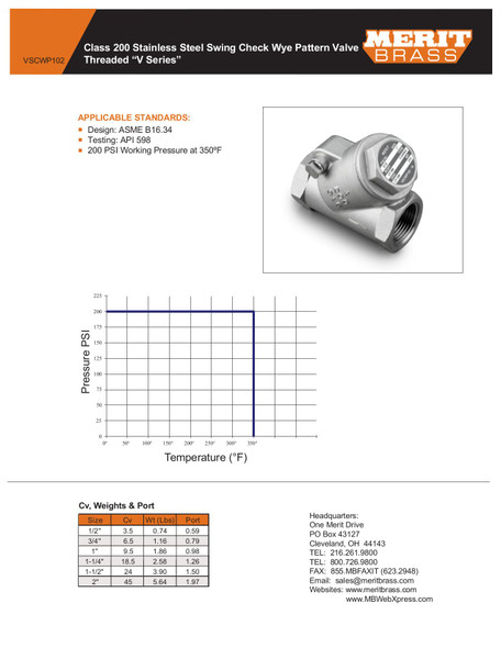 Stainless Steel Swing Check Wye Pattern Threaded "V Series" Data Sheet