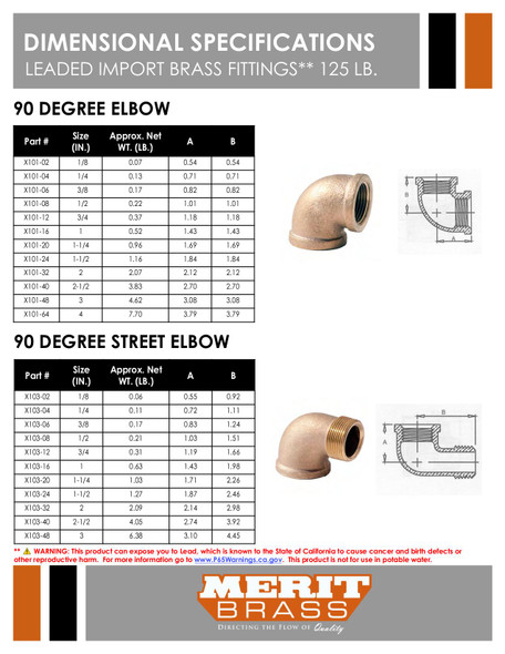 125# Leaded Brass 90 Degree Street Elbow Dimensions