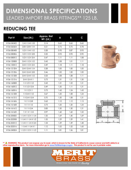 125# Leaded Brass Reducing Tee Dimensions