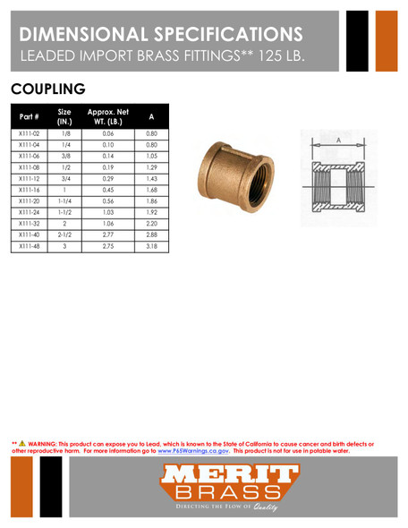 125# Leaded Brass Coupling Dimensions