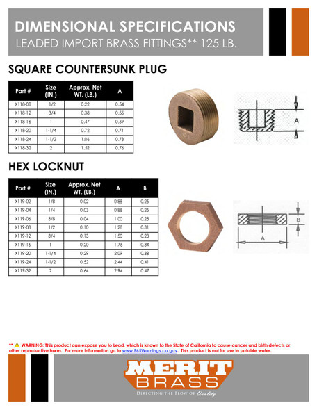 125# Leaded Brass Square Countersunk Plug Dimensions