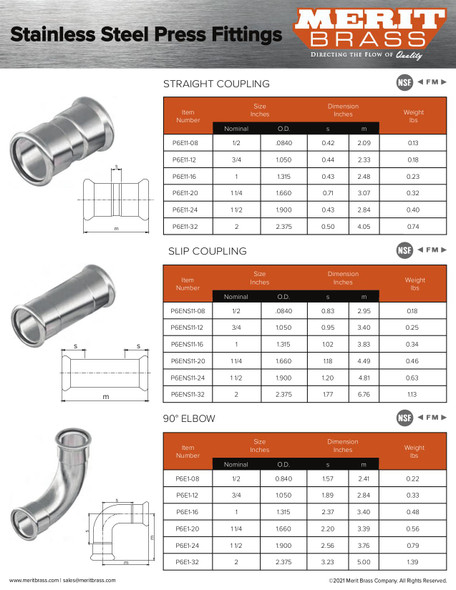 Merit Stainless Press Coupling With Stop Dimensions