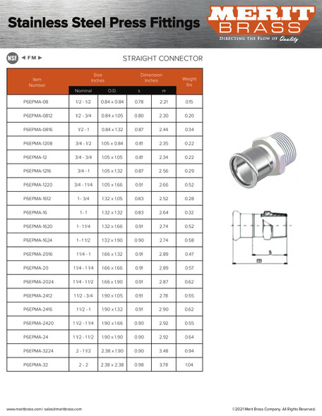 Merit Stainless Press Male Adapter Dimensions