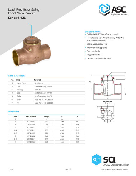 Brass Swing Check Valve Sweat End Lead Free Series 9191L Data Sheet