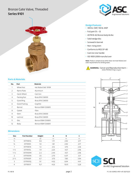 ASC Series 9101 300 WOG Full Port Bronze Body & Disc Gate Valve Data Sheet