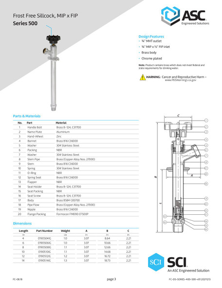 Series 500 Sillcock Data Sheet