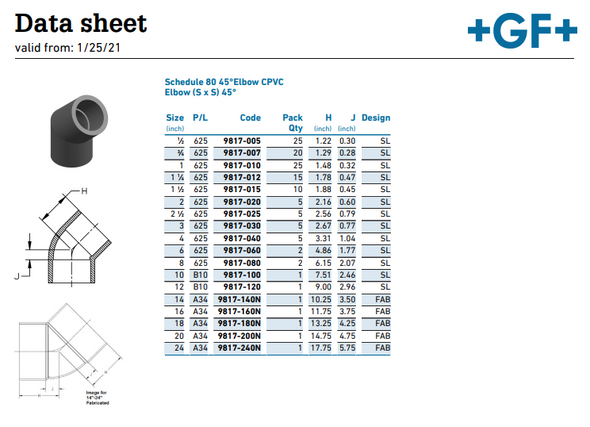 Schedule 80 CPVC Socket 45 Elbow Dimensions