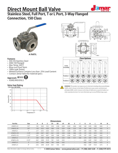 Jomar A-766T SS 3 Way Flanged Ball Valve Data Sheet