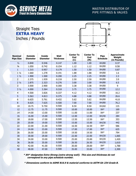 XH Carbon Steel Butt Weld Tee Dimensions