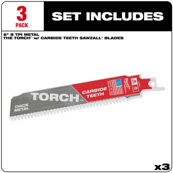 Milwaukee 48-00-5301 6" 7TPI Torch Metal Cutting Sawzall Blade with Carbide Teeth, 3 Pack