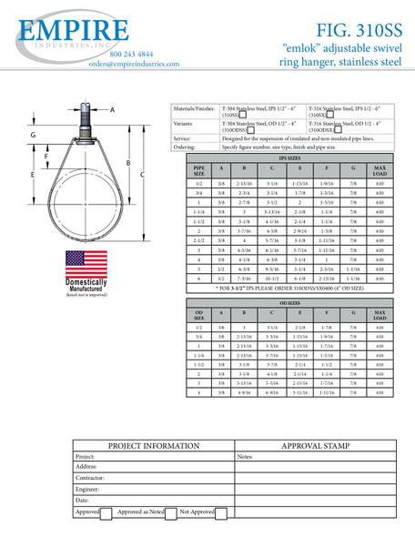 Fig. 310OD "Emlok Adjustable Swivel Ring Hanger Stainless Steel for OD Sizes Submittal
