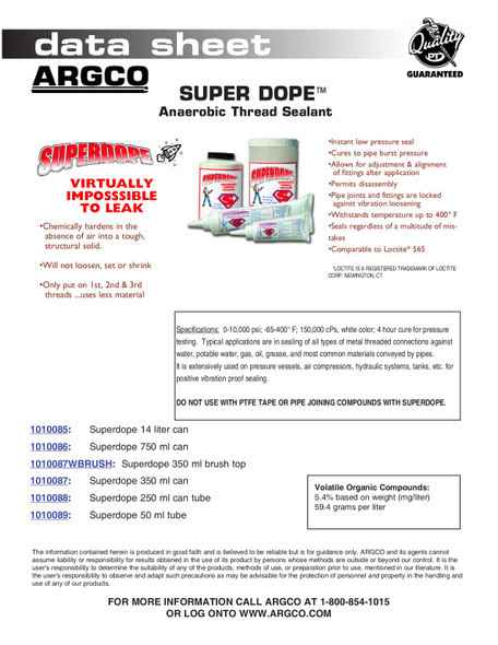 Super Dope Anaerobic Thread Sealant Technical Data