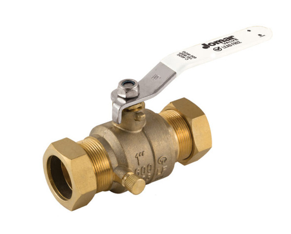 Lead Free Brass Ball Valve, Full Port, 2 Piece, Compression Connection, Stainless Steel Ball and Stem with Drain, Dezincification Resistant Brass, 600 WOG