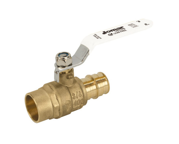Lead Free Brass Ball Valve, 2 Piece, Solder x Expansion Pex Connection, Stainless Steel Ball and Stem, Dezincification Resistant Brass, 400 WOG
