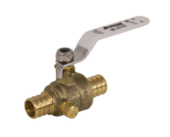 Lead Free Brass Ball Valve, 2 Piece, Crimp Pex Connection with Drain, Dezincification Resistant Brass, 600 WOG