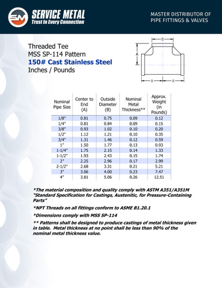 150# Stainless Steel Threaded Tee Dimensions