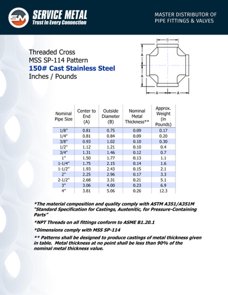 150# Stainless Steel Threaded Cross Dimensions