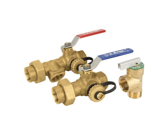 Lead Free Brass Ball Valves, 3-Way Ball, Tankless Water Heater Valve Kit, Threaded, Solder, or Press Connections, 600 WOG