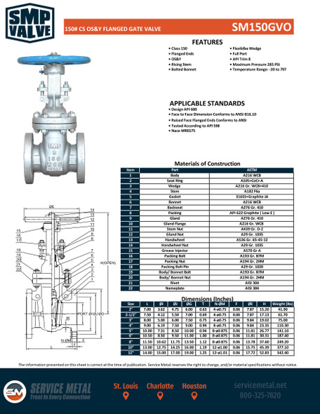 150# Cast Steel Flanged OS&Y Gate Valve 2-12 Spec Sheet