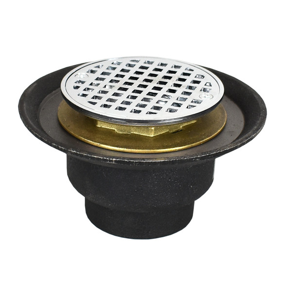 2" IPS Cast Iron Shower Drain w/ Threaded Brass Clamping Ring Cast Strainer