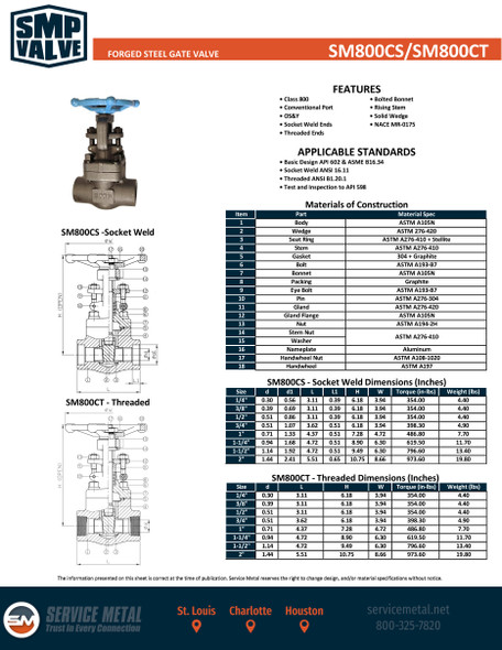 800# Forged Steel Socket Weld Gate Valve Spec Sheet