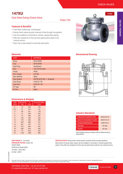 150# Crane 147XU Flanged Swing Check Valve  Dimensions