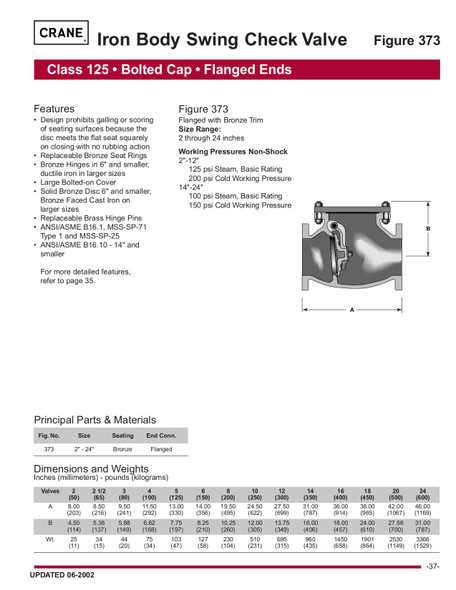 Crane 125# Cast Iron Flanged Check Valve 373 Data Shet