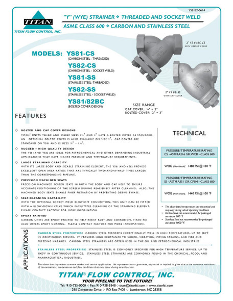 YS82-CS 600# CS Socket Weld Y Strainer  Data Page 1