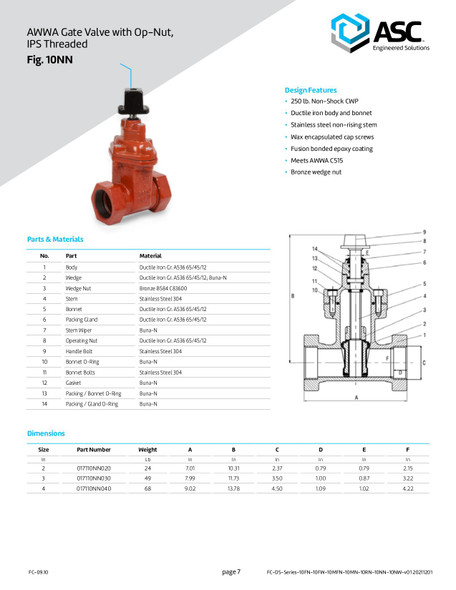 AWWA Gate Valve with Op-Nut IPS Threaded Fig. 10NN Data Sheet