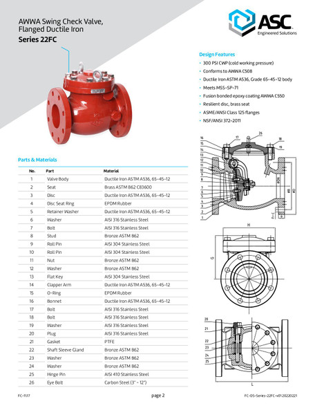 AWWA Swing Check Valve Ductile Iron Flanged Data Sheet