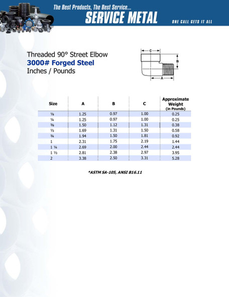 3000# Forged Steel Threaded 90 Street Elbows Dimensions