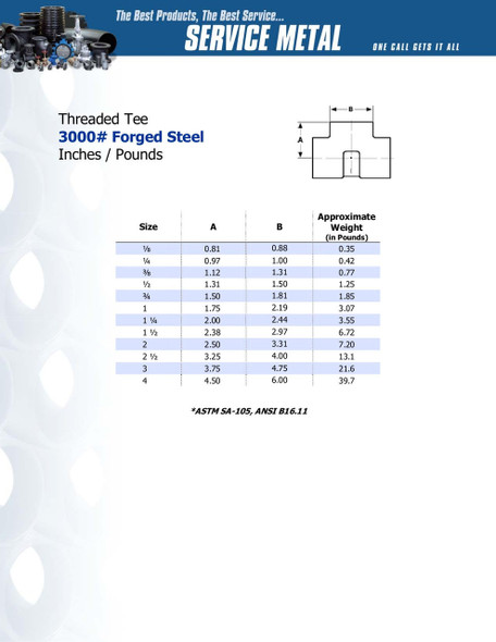 3000# Forged Steel Threaded Tee Dimensions