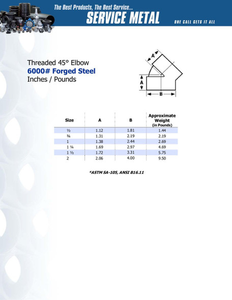 6000# Forged Steel Threaded 45 Degree Elbow Data Sheet