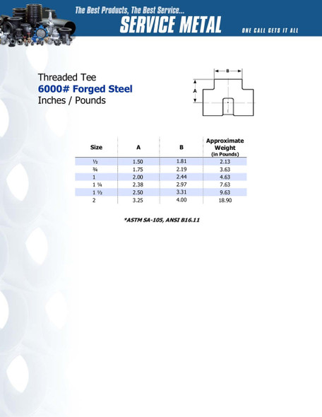 6000# Forged Steel Threaded Tee Dimensions