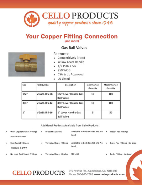 Gas Ball Valve Spec Sheet Cello Products