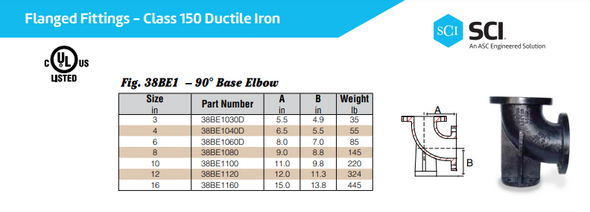 150 lb. Cast Ductile Flanged 90 Base Elbow Dimensions